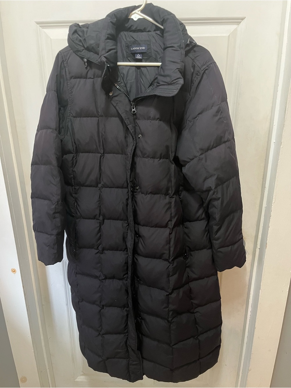 Lands' End Women's Long Black Quilted Puffer Coat with Hood